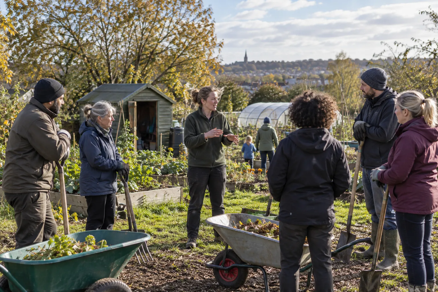 A volunteer coordinator in a fleece briefs a small group of volunteers beside a community garden allotment on a bright, windy autumn morning, wheelbarrows and tools around them