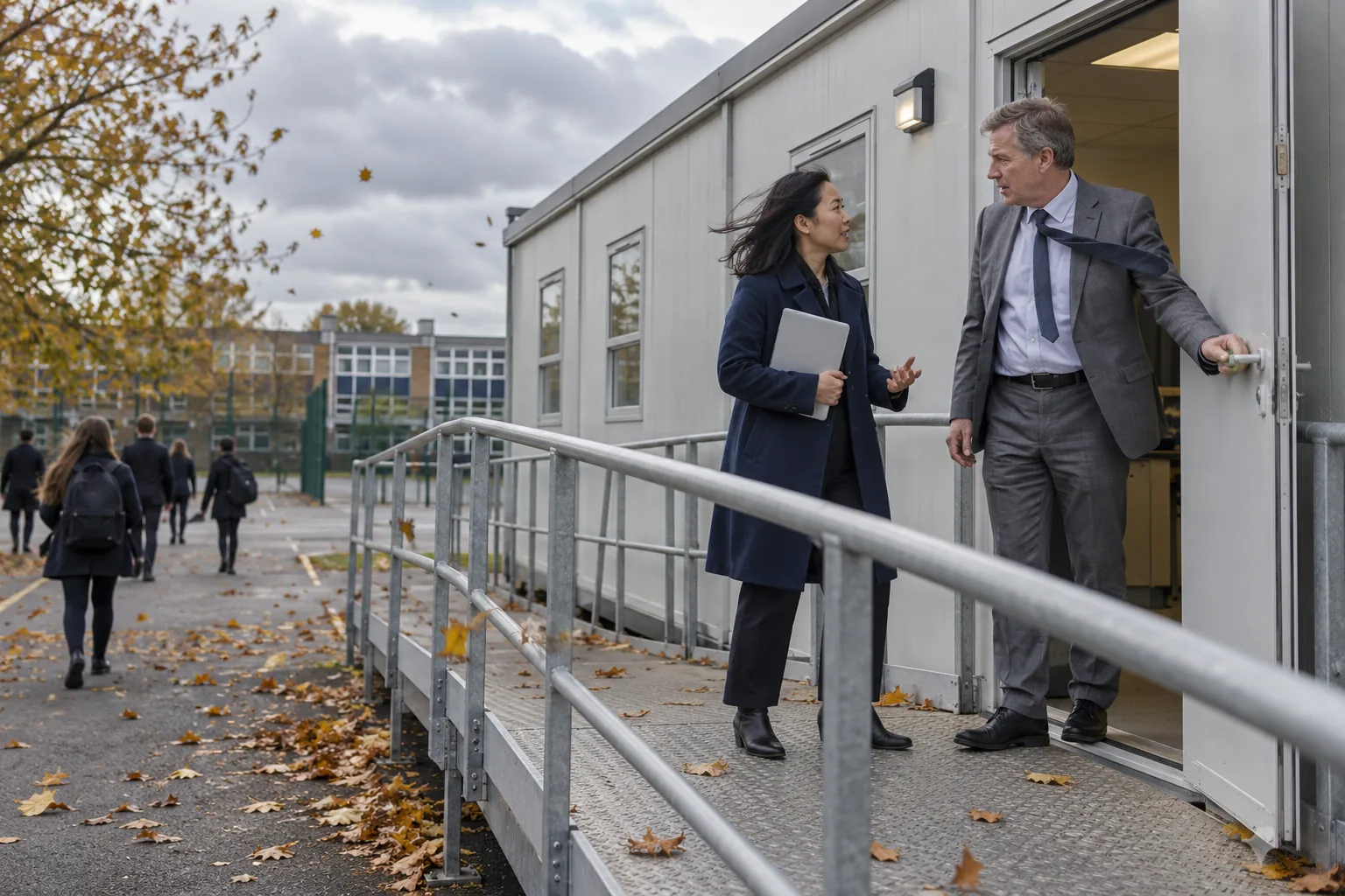A school data protection officer and a deputy head talk in the doorway of a mobile classroom on a windy afternoon, a closed laptop under one arm, leaves blowing across the tarmac