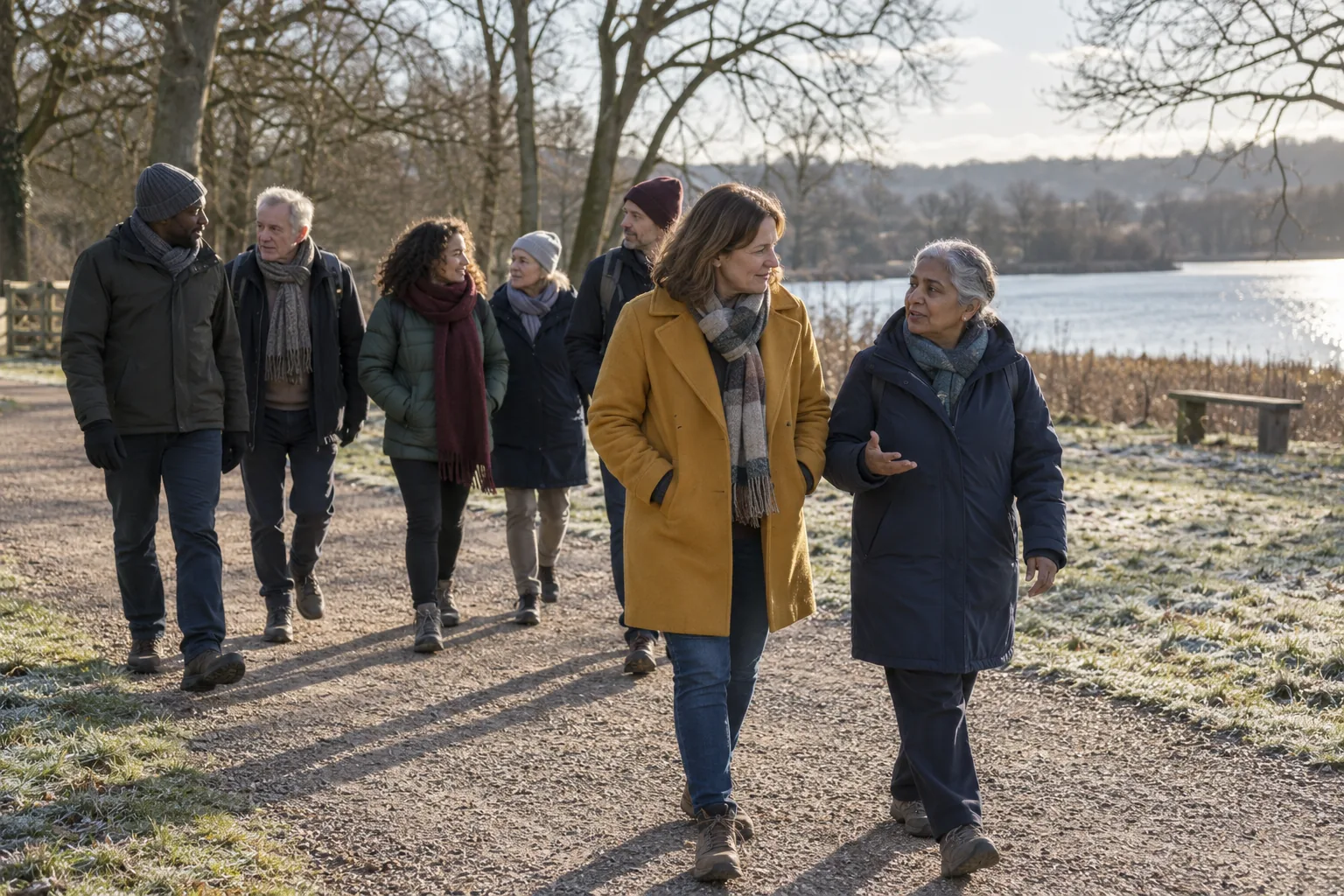 A peer support group for unpaid carers walks together along a wide gravel path through a country park on a winter afternoon, the facilitator listening as one woman talks beside her
