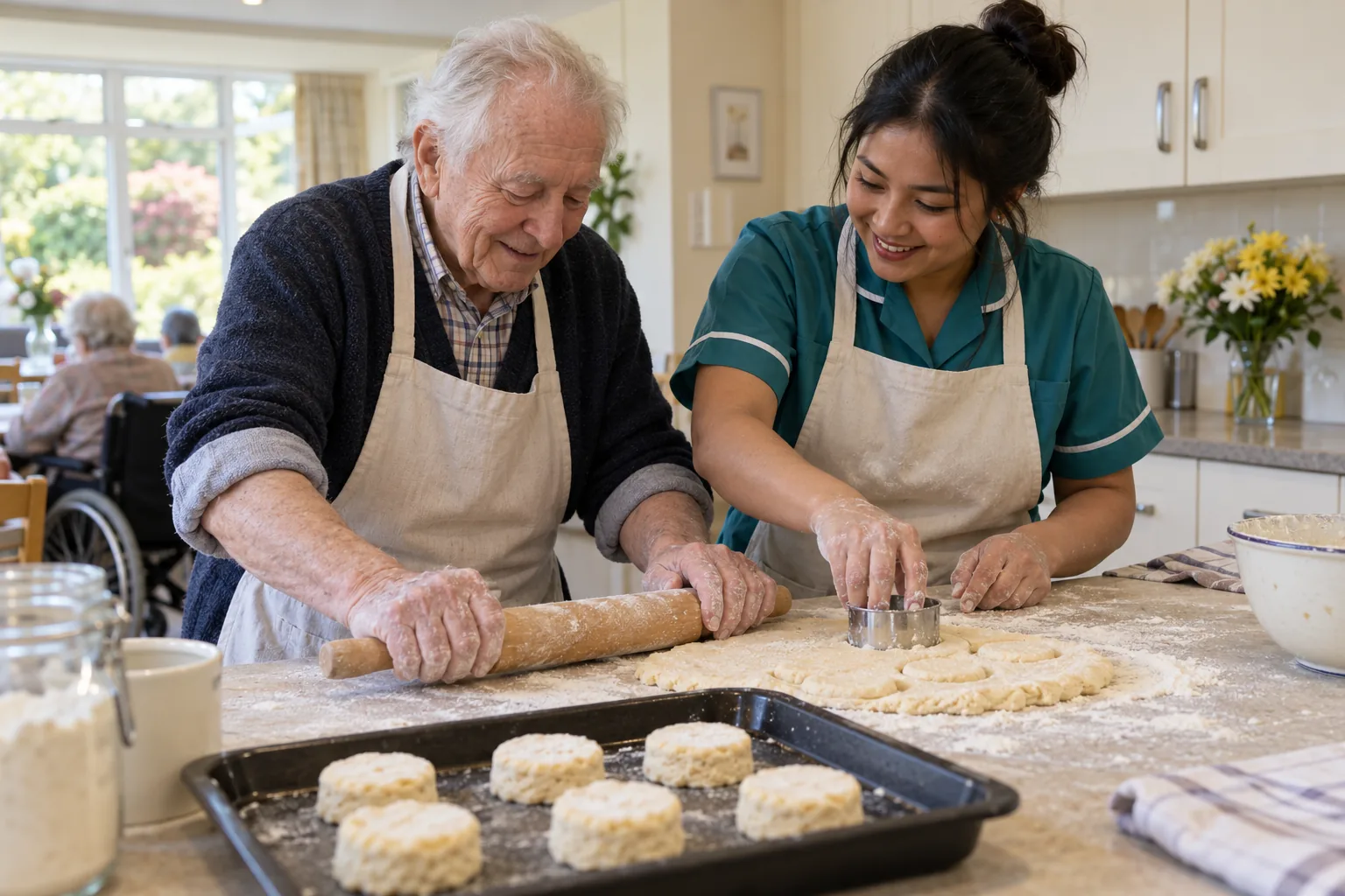In a care home activity kitchen, a care worker and an older man in aprons roll and cut scone dough together, flour on their hands, a tray of cut scones in front of them
