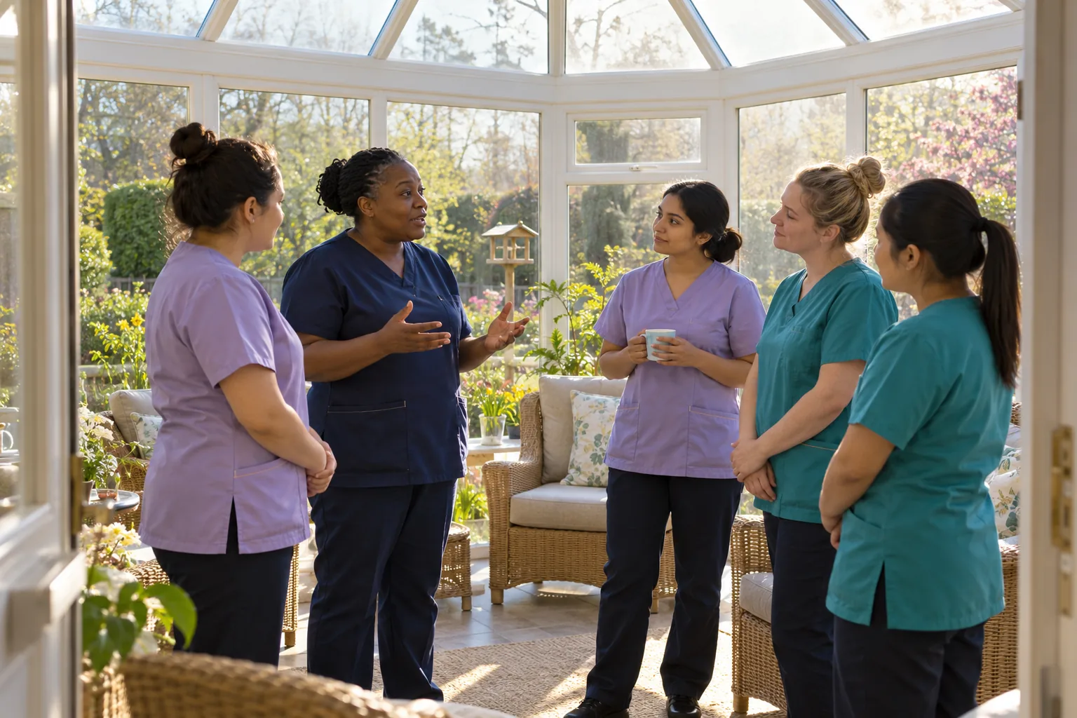 At the morning shift change, a senior carer briefs four care workers standing in a loose semicircle in a care home conservatory, early sun on the empty wicker chairs