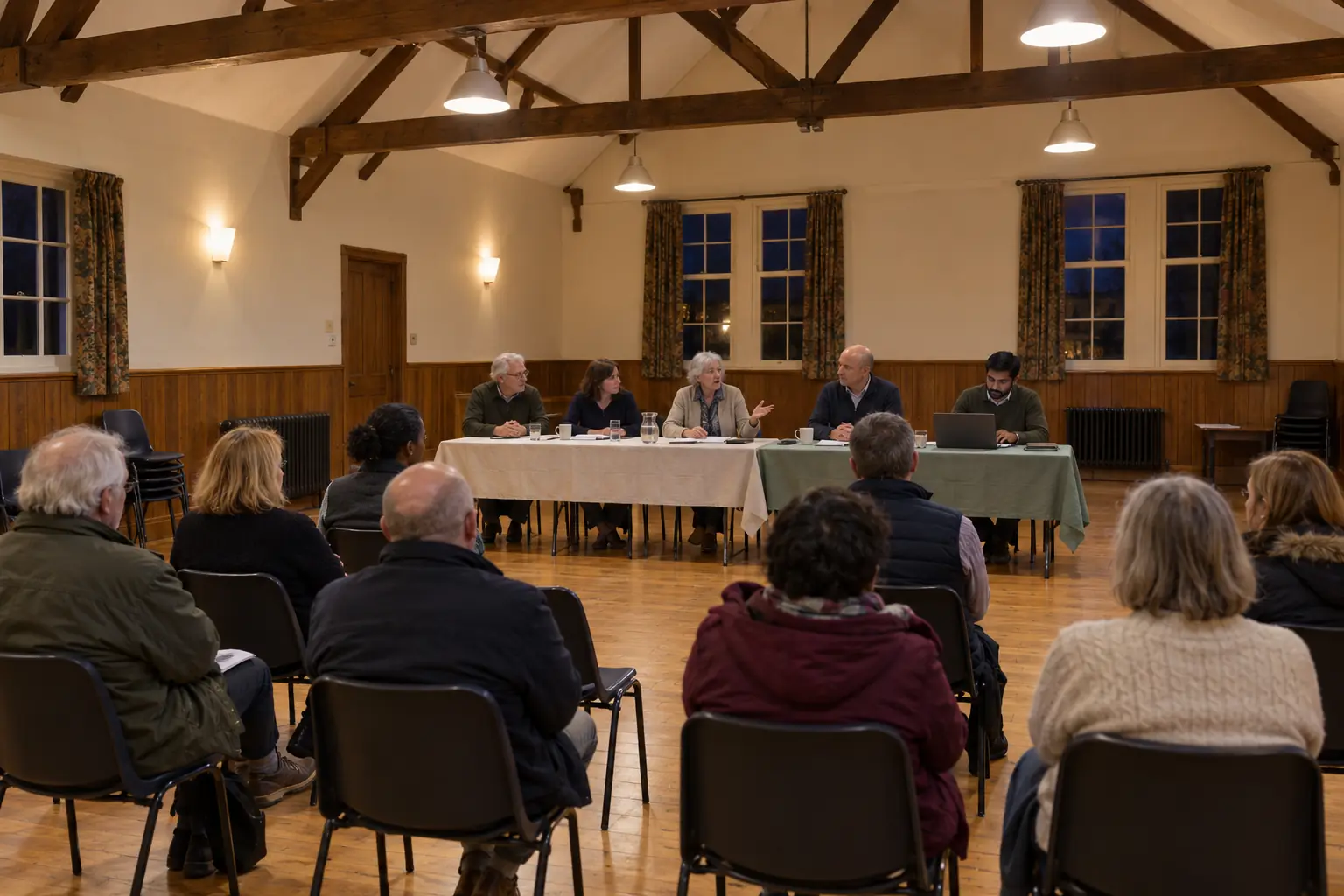 At an evening parish council meeting in a village hall, councillors sit at trestle tables while the clerk takes notes on a laptop and a few residents watch from rows of chairs