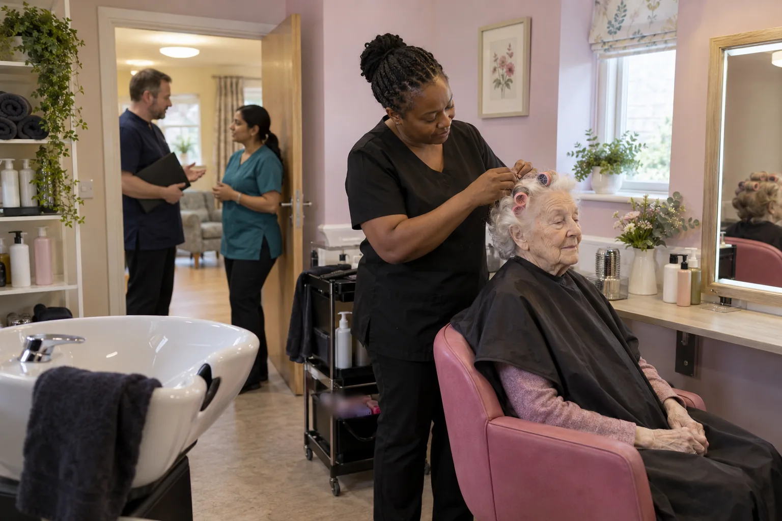 In a care home’s small hair salon, the deputy manager and the activities coordinator talk in the doorway while the visiting hairdresser sets an older resident’s hair in rollers