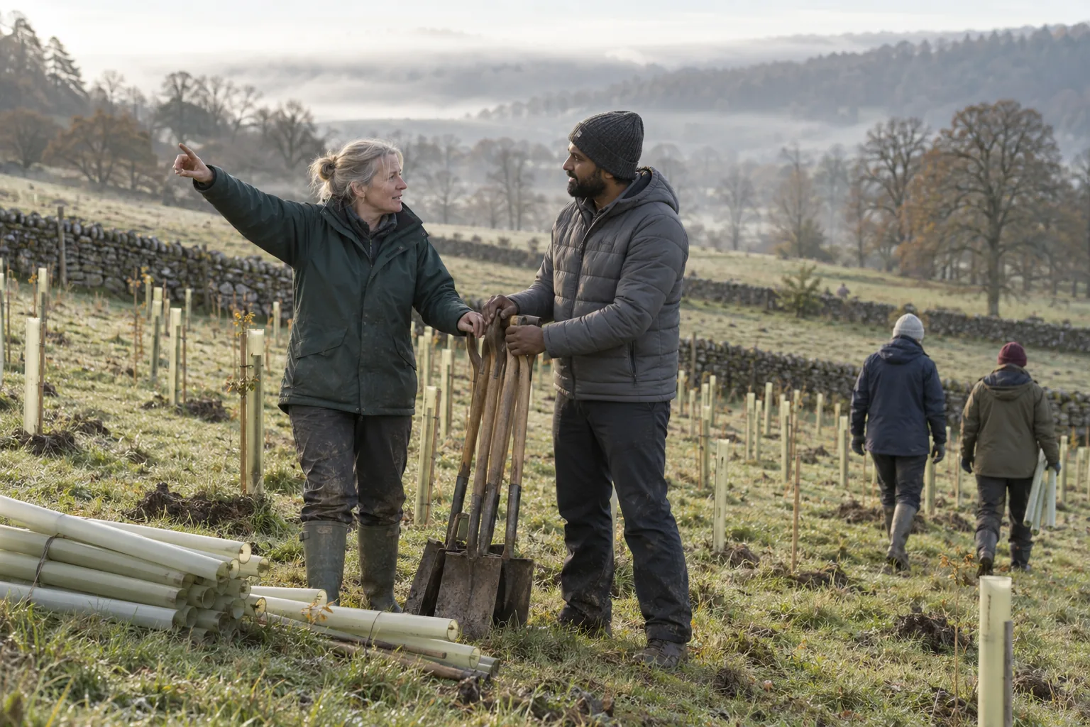 A tree-planting charity’s volunteer lead and her new co-organiser gather spades and spare tree guards on a misty hillside field at the end of a planting morning, rows of new saplings behind them