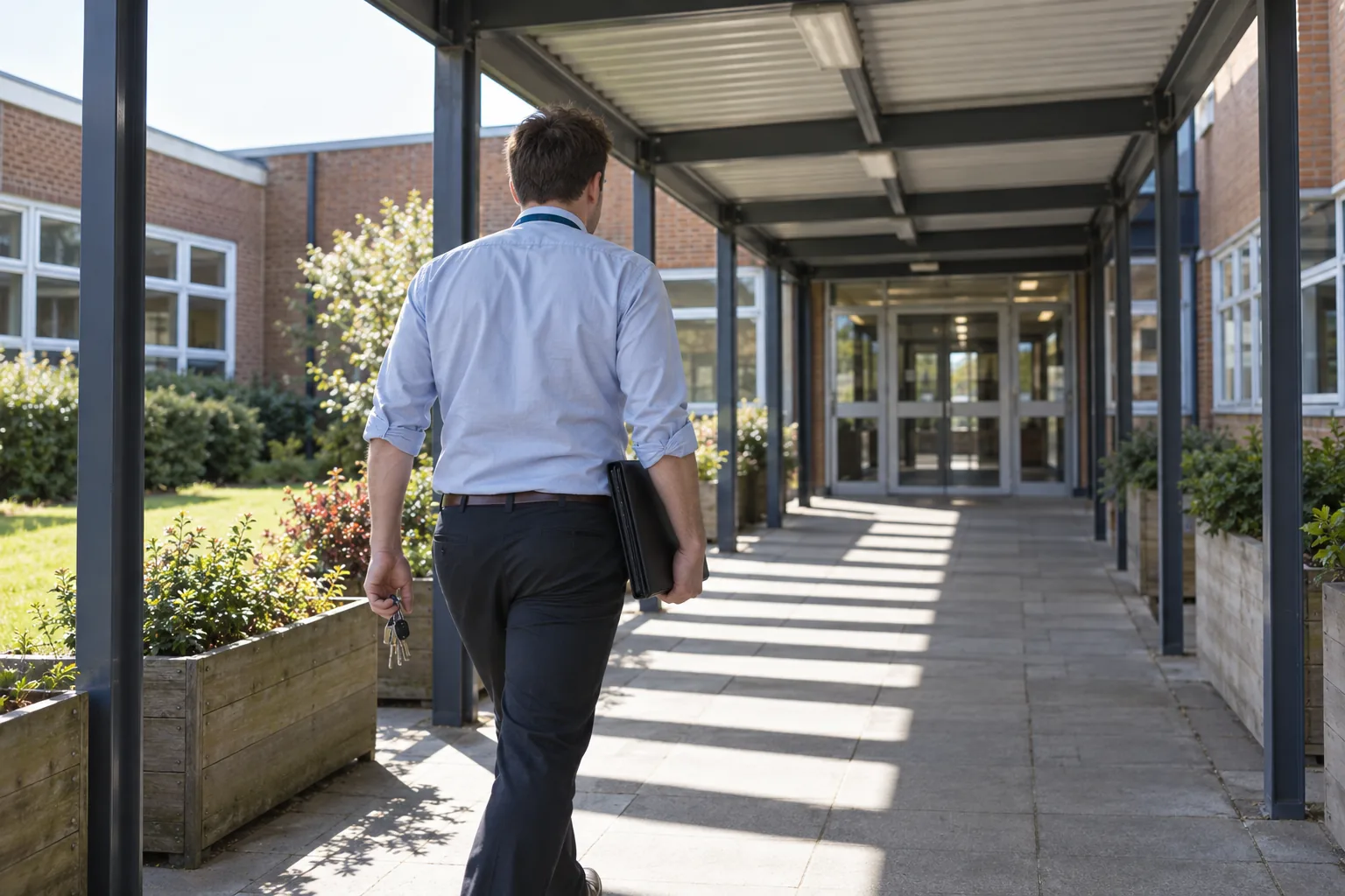 A head of year walks along a covered outdoor walkway between school blocks in bright sunshine, keys in hand