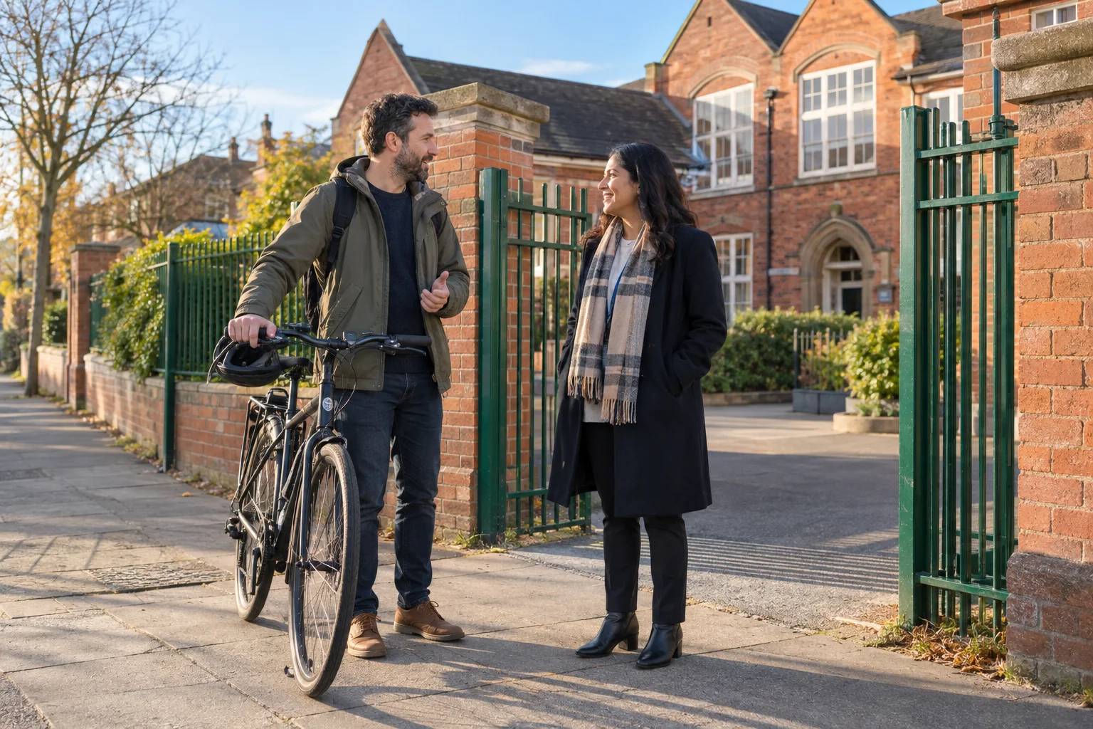 A parent and school colleague talking beside the school gates