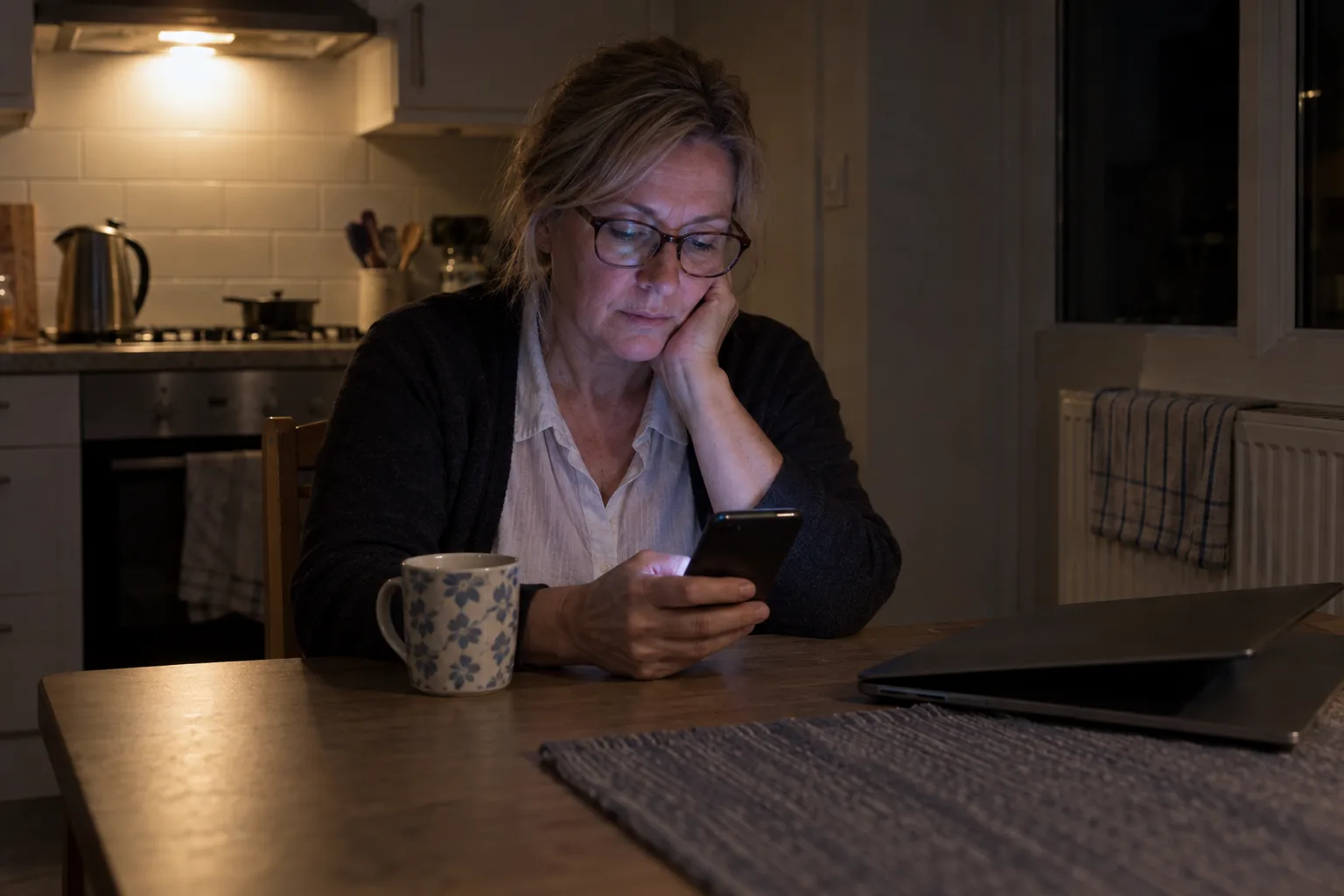 A charity manager at a kitchen table late at night scrolling back through months of a group chat on her phone, the screen a soft glow, a mug going cold beside her