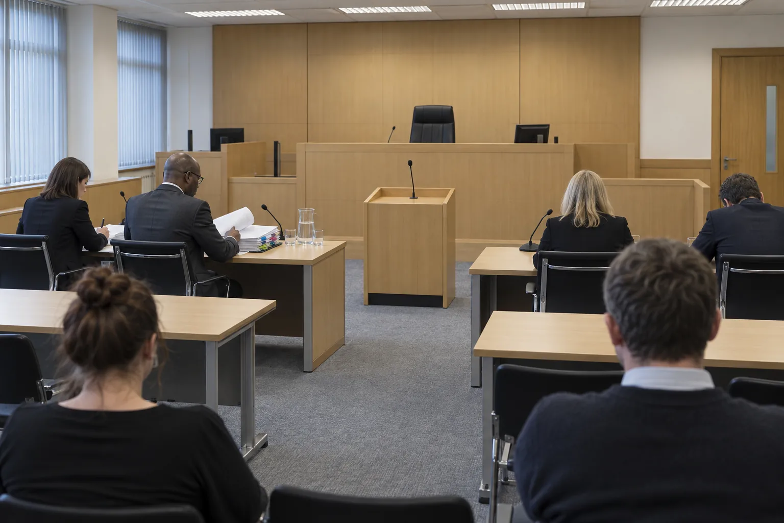 A tribunal hearing room from the back: an HR manager at the respondent’s table turning the pages of a thick bound bundle, the judge’s bench empty at the front