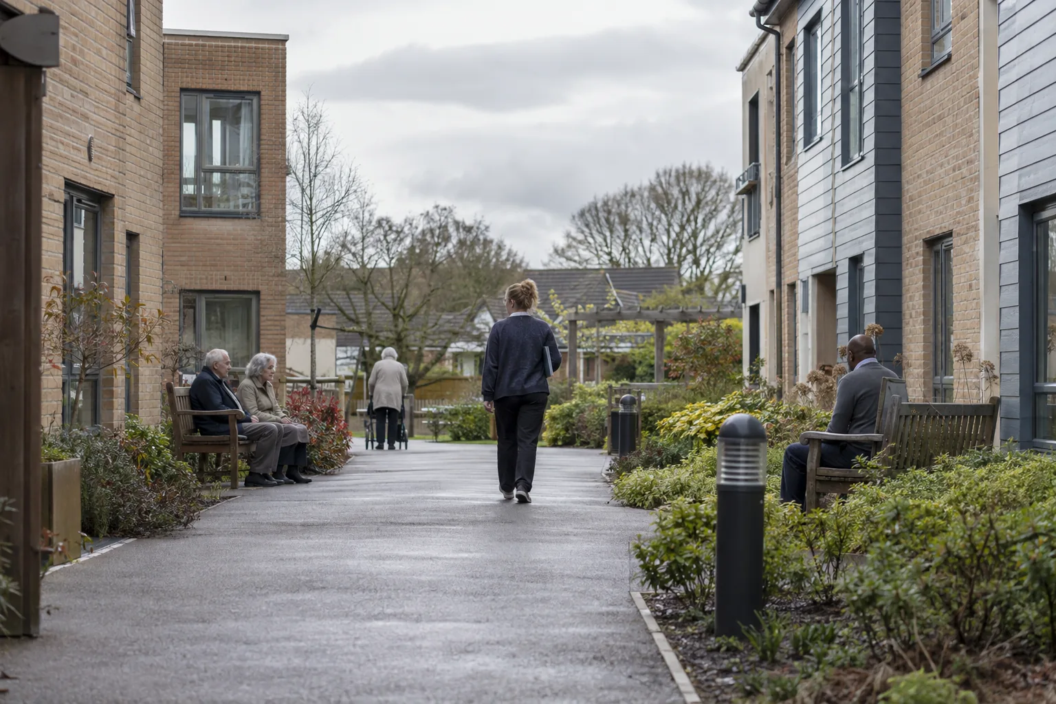 A care home deputy manager walks along an outside path between two buildings on a grey morning, a folder under one arm, seen from a distance