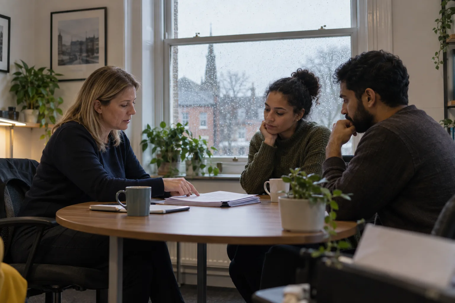 Two people sit across a small meeting table in a charity's first-floor office, a printed bundle between them and a companion beside the employee, rain on the sash window behind