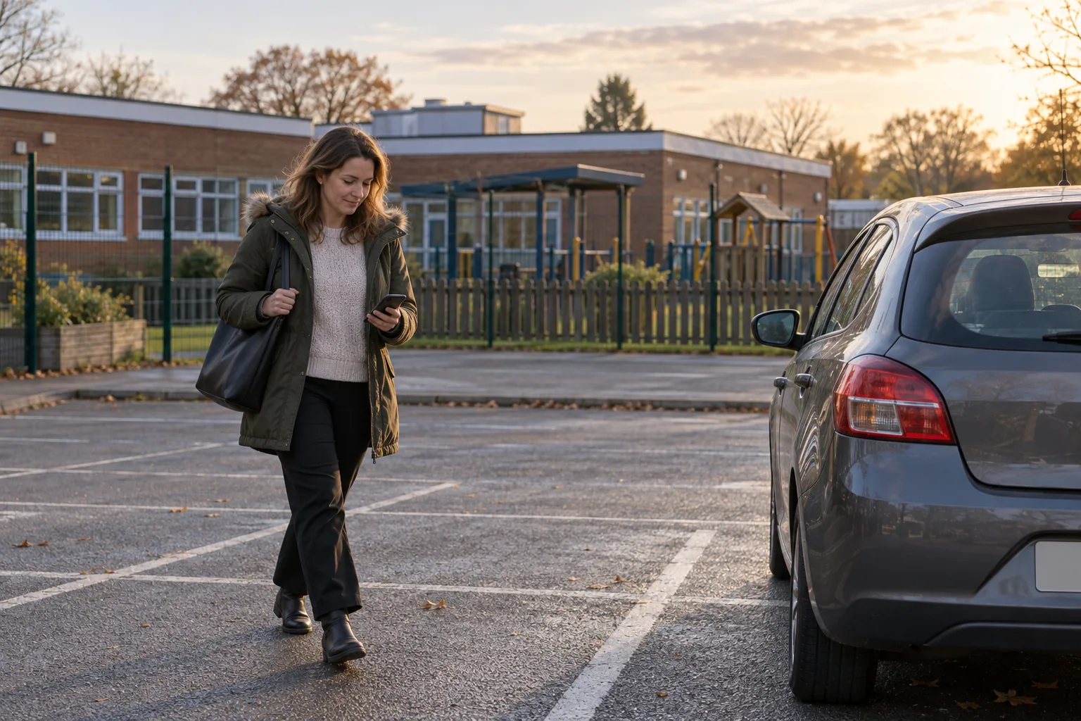 At the end of a school day, a teaching assistant in a coat walks across a primary school car park towards her car, glancing at her phone held low, with the low brick school building and a playground fence behind her in late afternoon light
