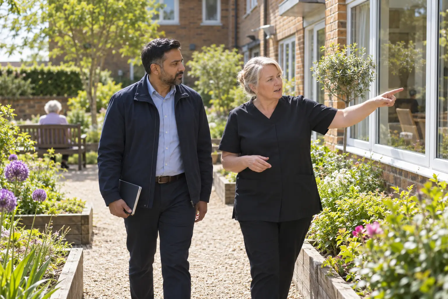On a sunny morning, a visiting inspector with a notebook walks the garden path of a care home with the registered manager, who points towards a ground-floor window