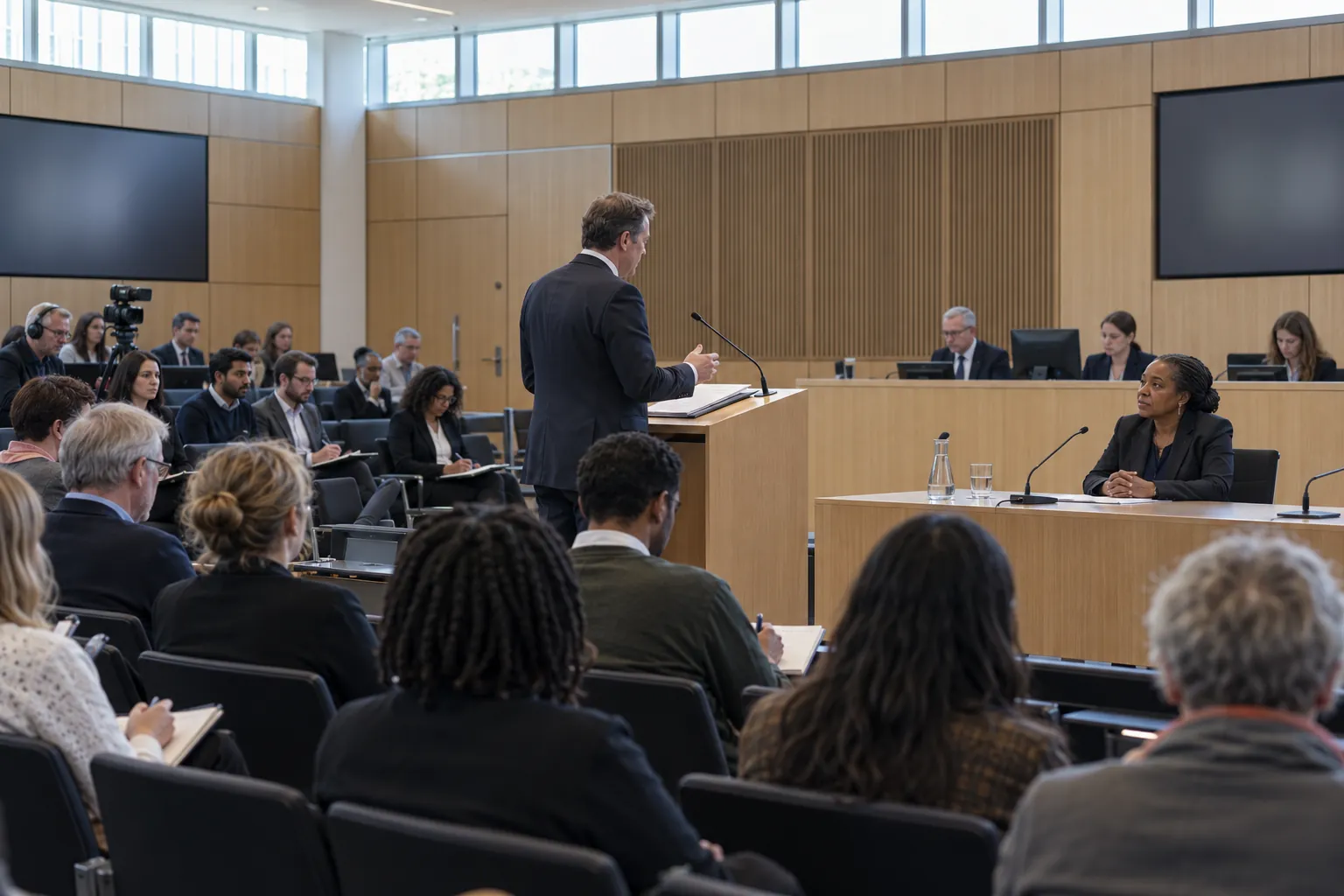 At a public inquiry hearing, a witness sits at a table with a microphone while counsel stands at a lectern asking a question, rows of public seating behind