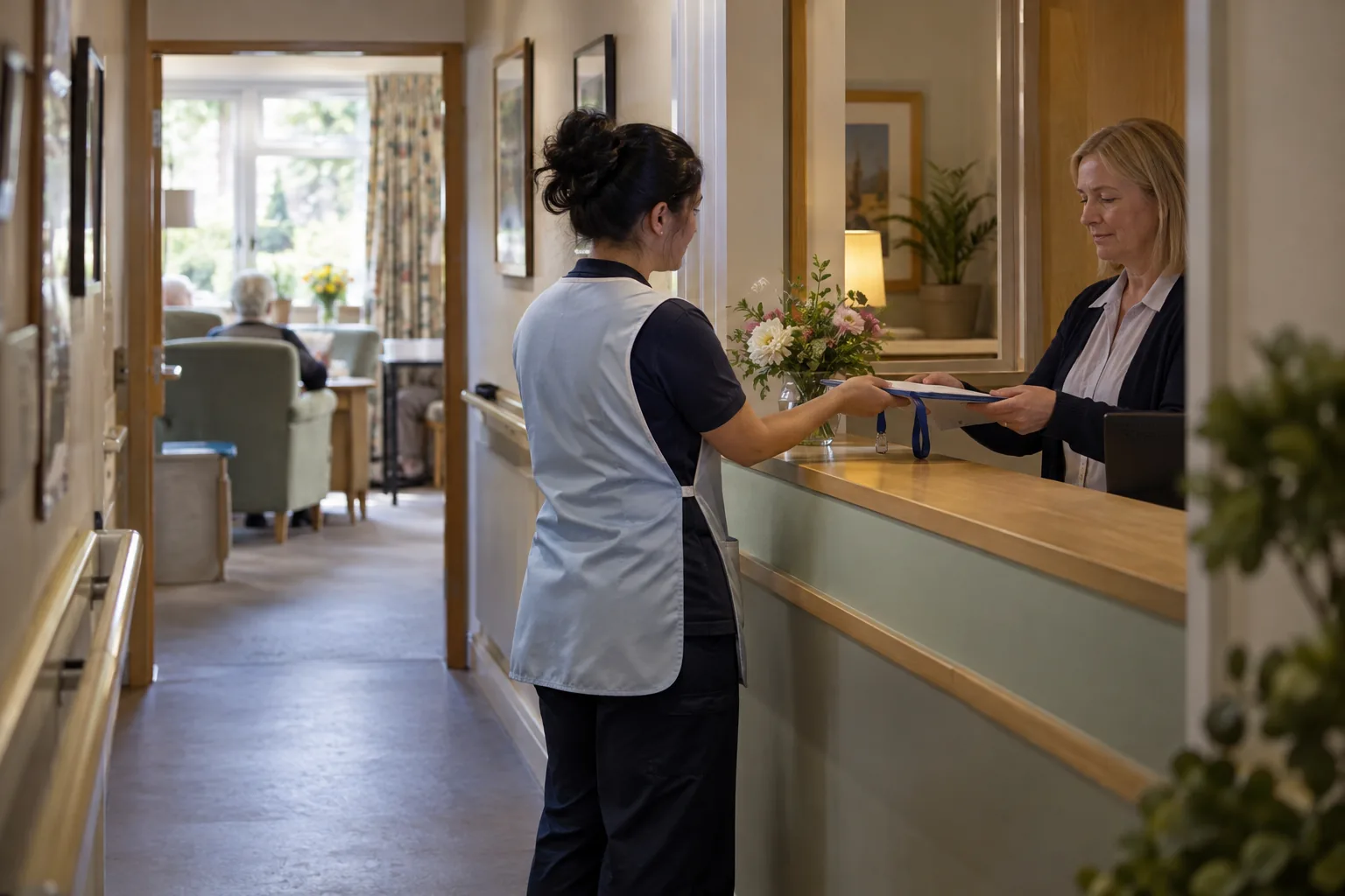 A care worker in a tabard hands her lanyard and a folder across the reception desk of a care home on her last day, the manager taking them, seen from the corridor