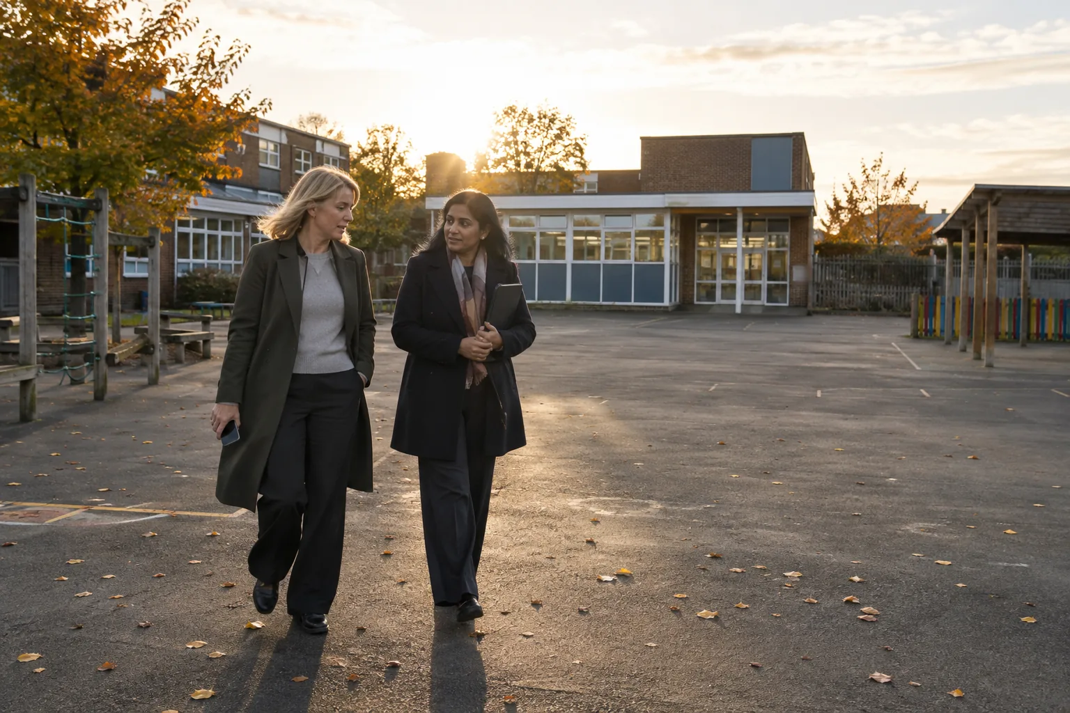 A school business manager and a deputy head walk across an empty playground at the end of the day, one holding a phone at her side, low autumn sun behind the classroom block