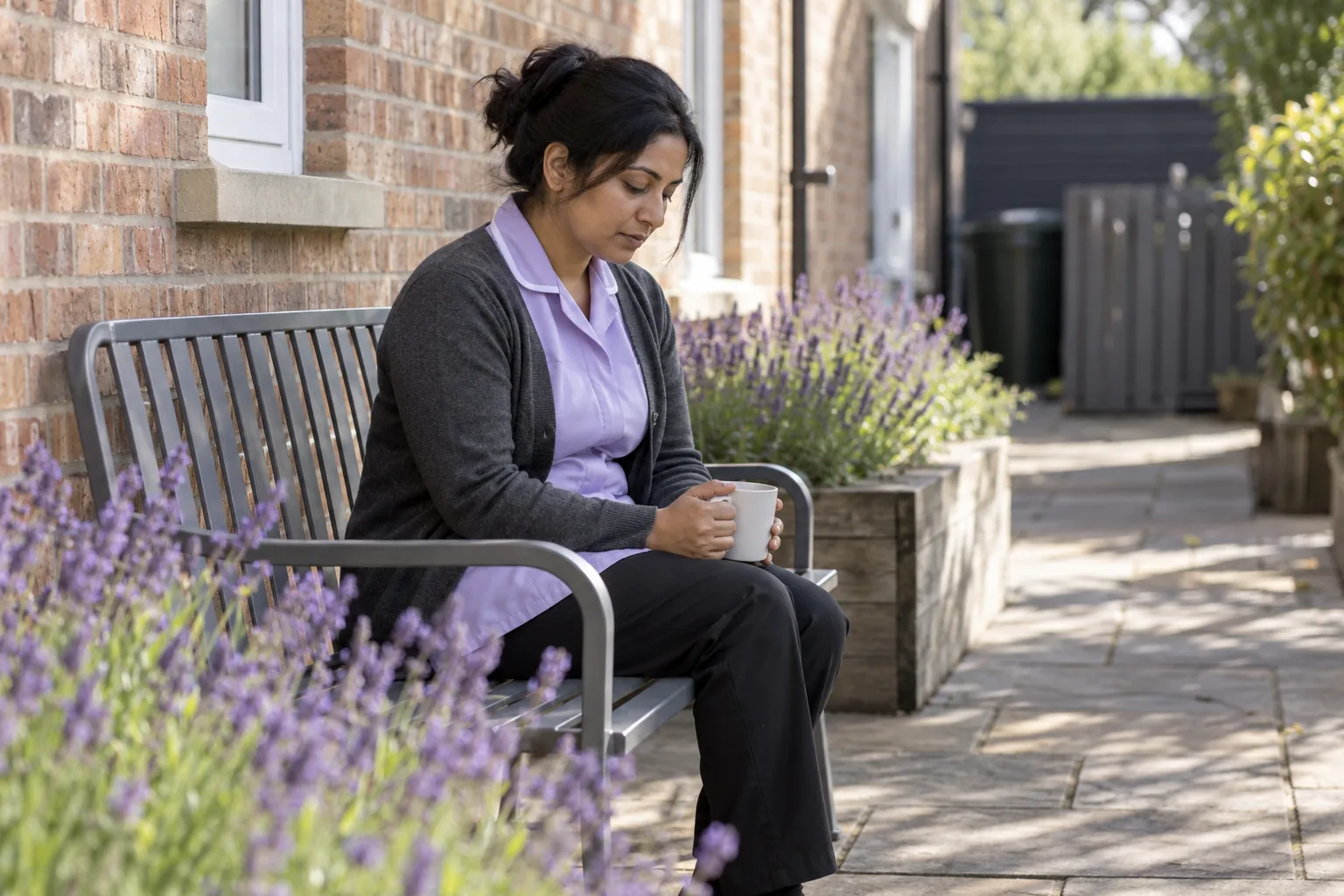 A care worker sits alone and thoughtful on a bench in a small staff garden behind a care home, mid-morning