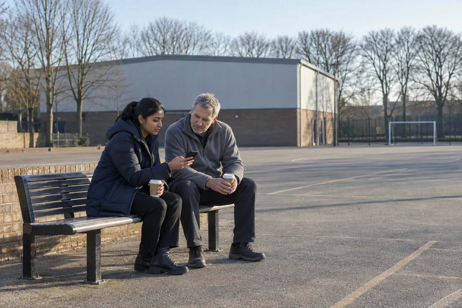 Two teaching assistants on a school playground bench at break, one showing the other something on a phone held between them, screen away from the camera