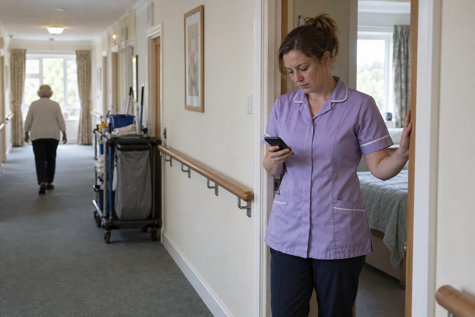 A care worker in a plain tunic reads a message on her own phone in the doorway of a resident’s room at the end of a corridor, the screen turned away from the camera