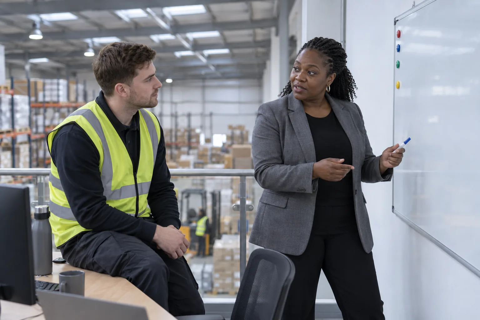 A charity operations manager stands at a blank whiteboard in a mezzanine office above a warehouse floor