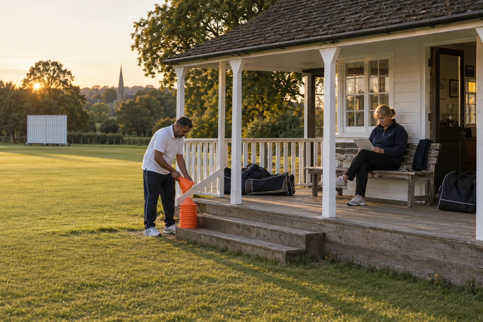 Two adult volunteers pack away equipment outside a cricket pavilion after practice