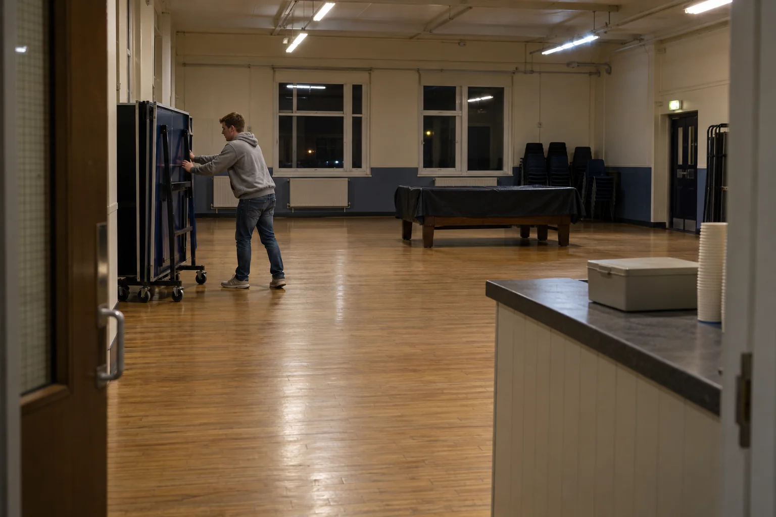 A youth worker puts away a table-tennis table in an empty youth centre