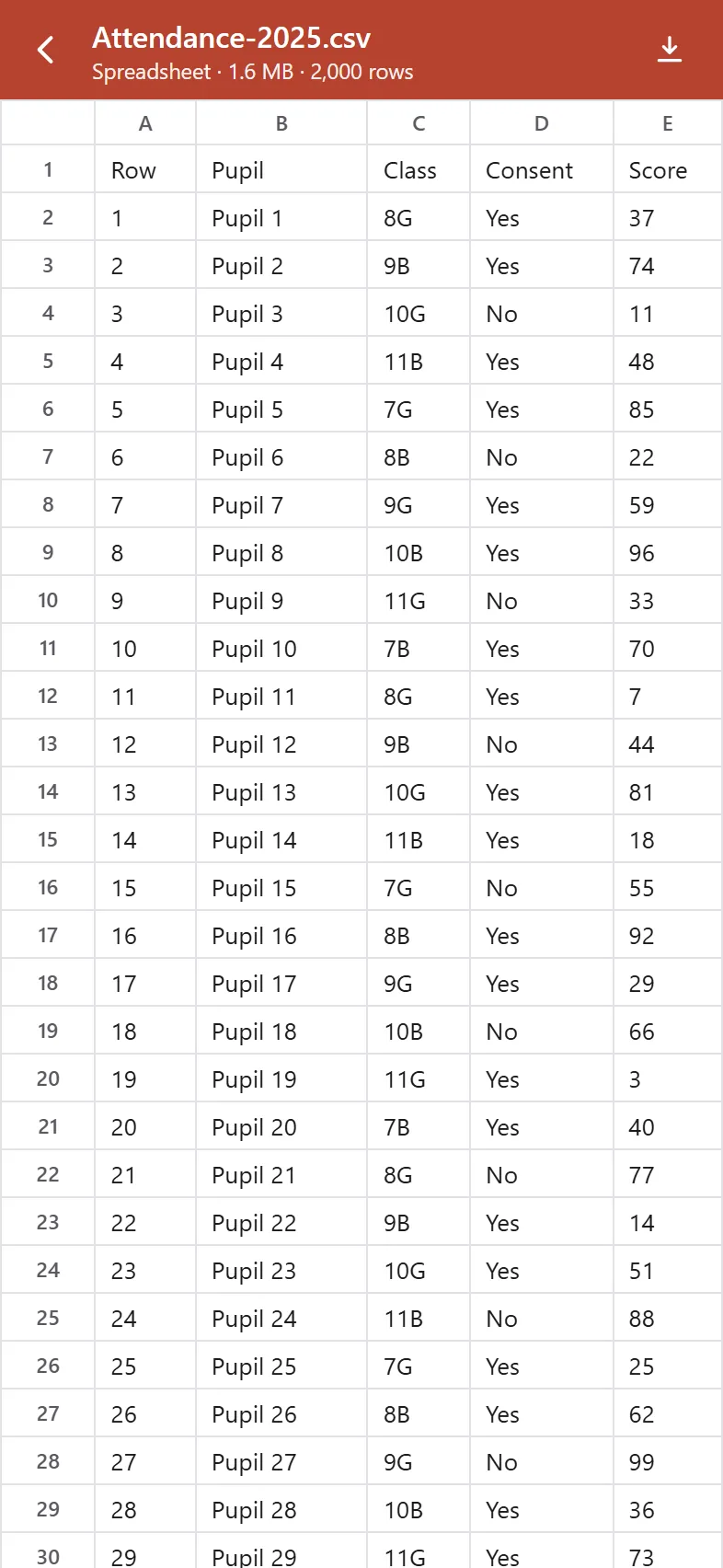 A large CSV export opened inside the member app's in-app document viewer, showing the first 2,000 rows of the sheet without leaving the conversation.