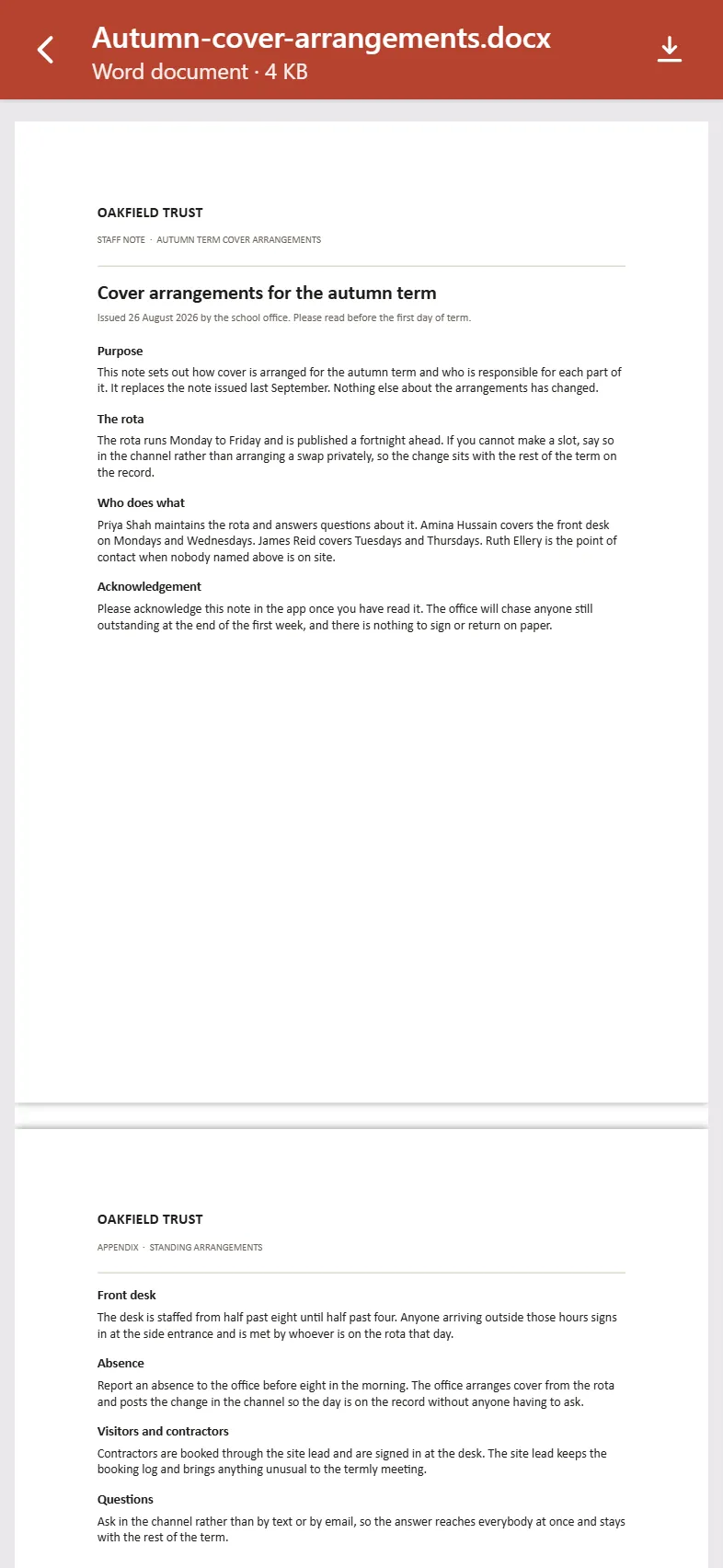 A Word document opened inside the member app's in-app document viewer, rendered at its true page width inside a locked-down frame.
