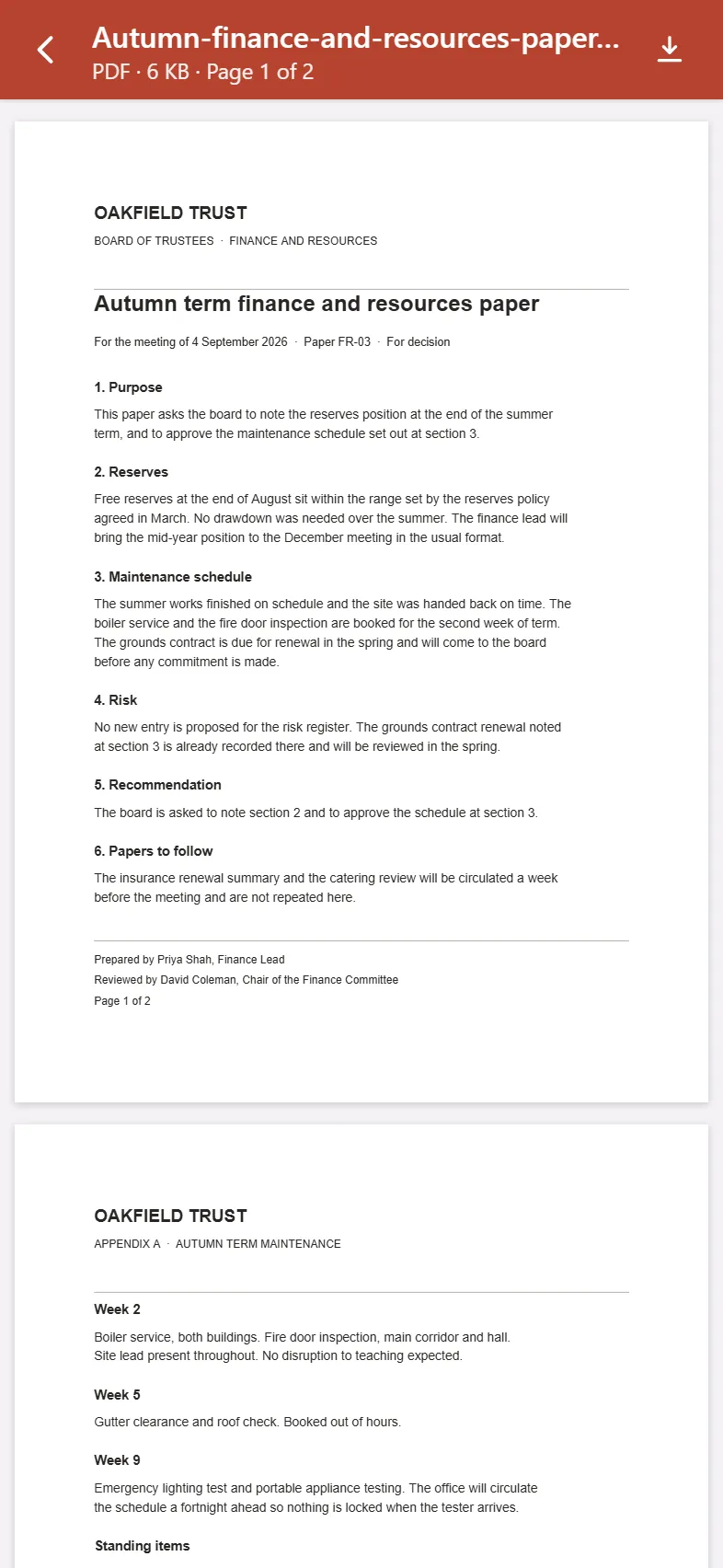 A board paper opened inside the member app's in-app document viewer, rendered page by page without leaving the conversation.