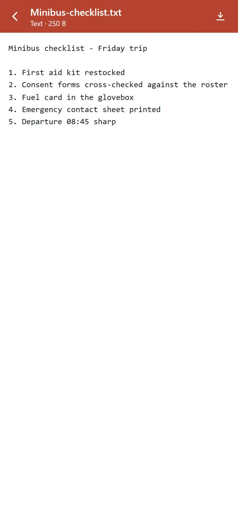 A plain text file opened inside the member app's in-app document viewer.