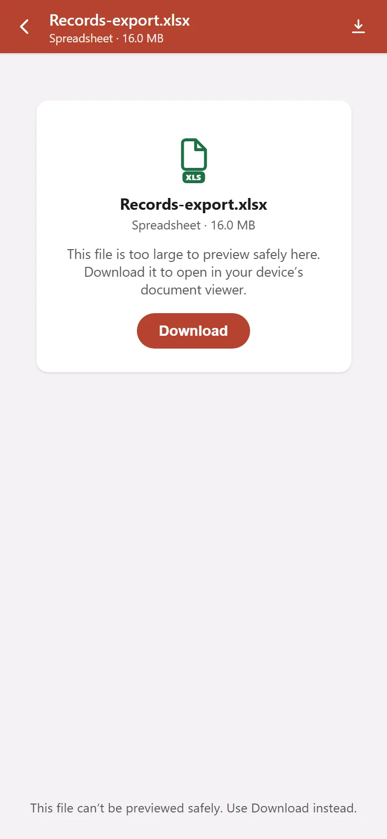 The in-app document viewer declining to open an oversized file, offering a direct download instead of an unsafe preview.