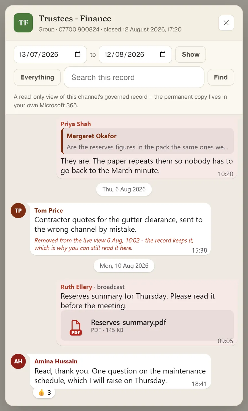 The Replay drawer of the ComplyChat client portal, reading a closed channel back as the members saw it: sender names, day separators, an attached document and a message that was taken out of the live view and is still there, marked.