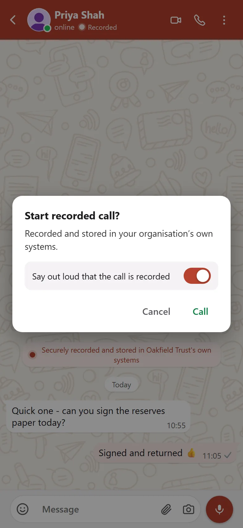 Recording notice shown before joining a ComplyChat call