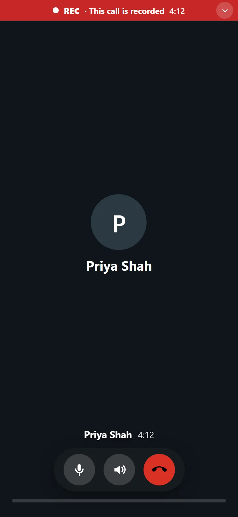Voice and video call screen with a visible recording indicator