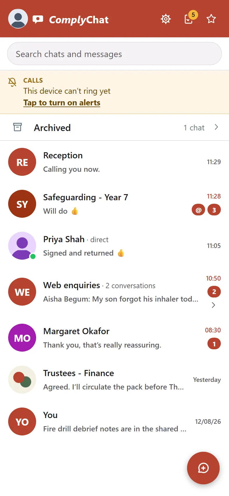 The ComplyChat app chat list for a fictional organisation, Oakfield Trust, showing governed channels and one-to-one threads.