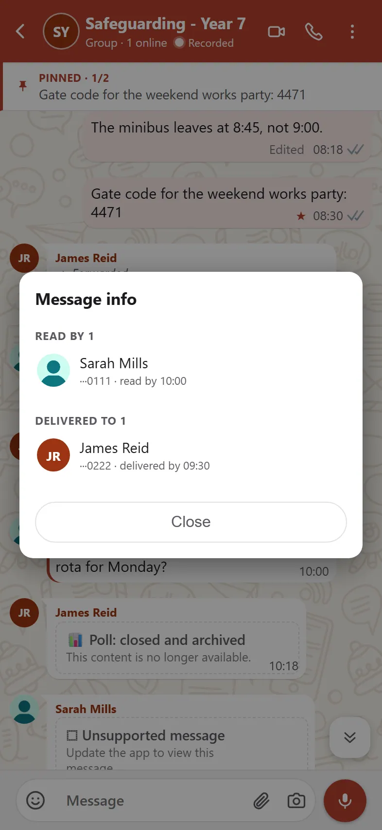 Message information showing delivery and acknowledgement details