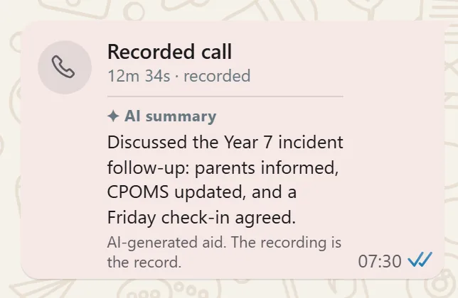 Call card showing a recording and a labelled written summary