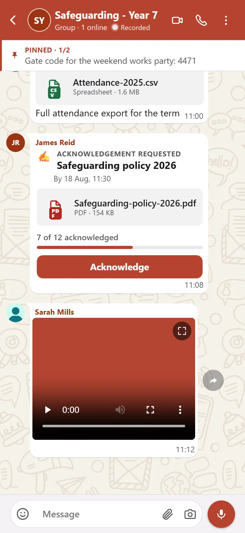 Illustrative group conversation with a recorded badge and shared files